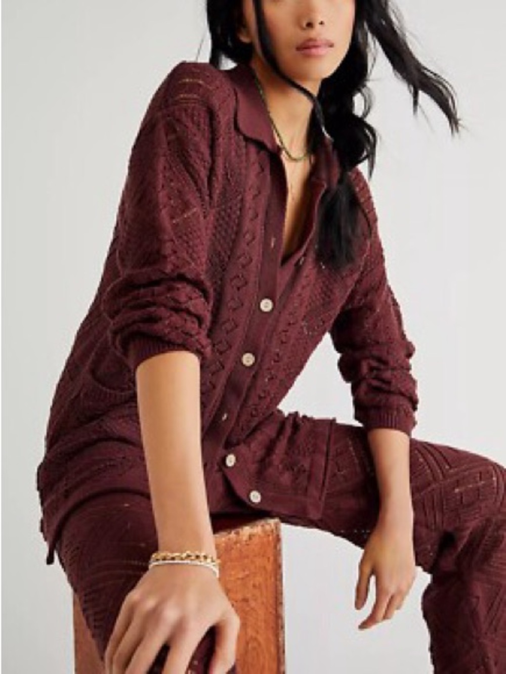 Free People Beach Get Away Fauxchet Cardigan - Maroon - Medium